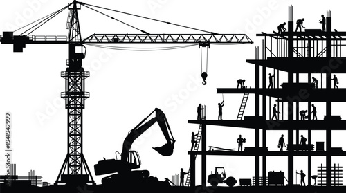 Construction site silhouette with tower crane, excavators, workers and building structure vector, 10-15 words.