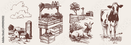 Farm buildings market stand, goat, cow, rural set. Collection shows barn, silo, vegetables stall and livestock scenes. Banner for agricultural branding. Rustic pencil drawn sketch style illustration.