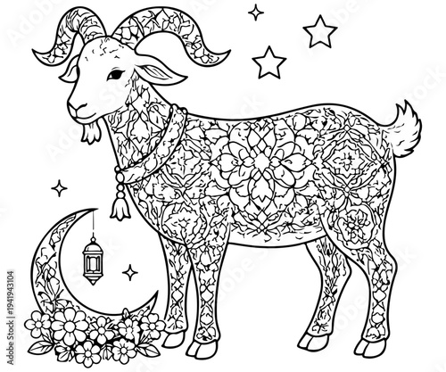 Ornate Mandala Goat and Crescent Moon Coloring Page Illustration