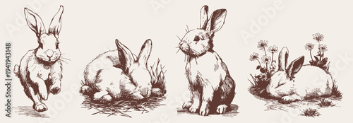Rabbit sketch collection farm and countryside animals set. Sitting, running and resting poses for packaging or nursery design. Pencil drawn illustration drawing style.