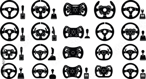 Gaming Steering Wheel and Gear Shifter Icon Set for Sim Racing and E-sports Vector Illustration,