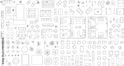 Isolated technical drawing on transparent background with various architectural elements and symbols