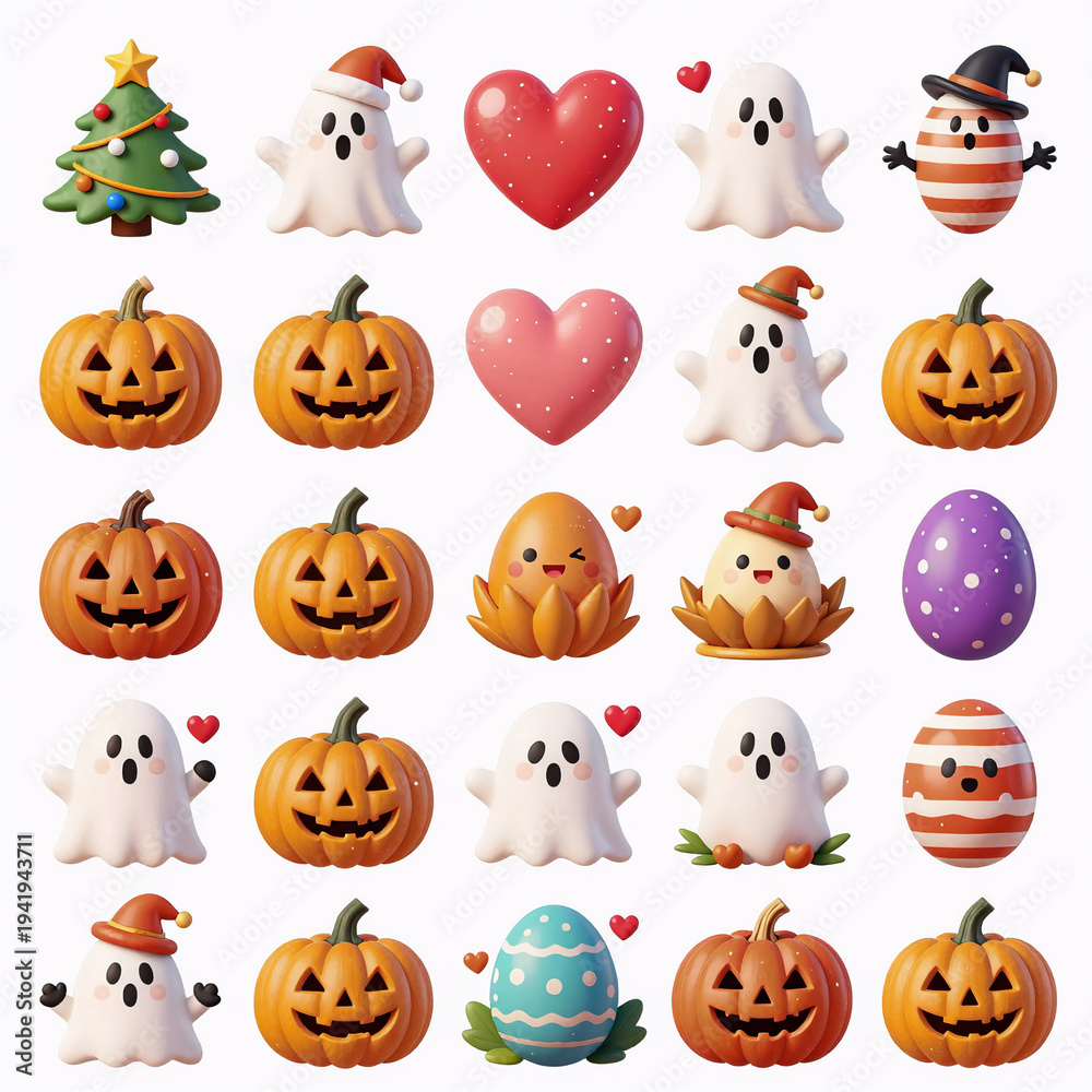 Fototapeta premium whimsical, set of vibrant, cartoon-style icons for christmas, halloween, thanksgiving, easter, and valentine's day