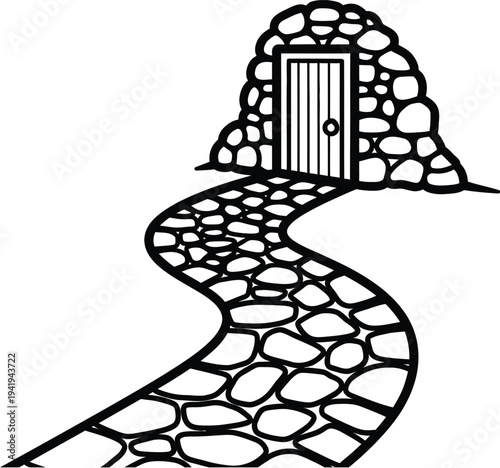 A winding stone path leading to a small door