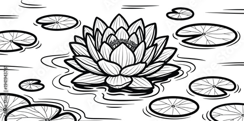 Black and white illustration of a serene water lily pond scene
