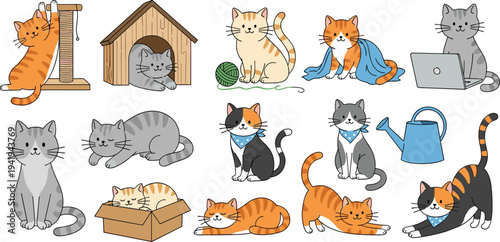 Cat and Pet Icon Set Featuring Playful Cats, Cat Toys, and Accessories for Animal, Pet Care, and Fun Designs