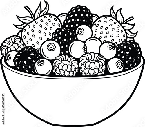 A bowl of mixed berries including strawberries and blackberries