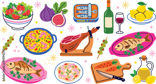 Mediterranean and Spanish Cuisine Food Set with Paella Jamon Seafood Wine and Tapas Vector Illustration