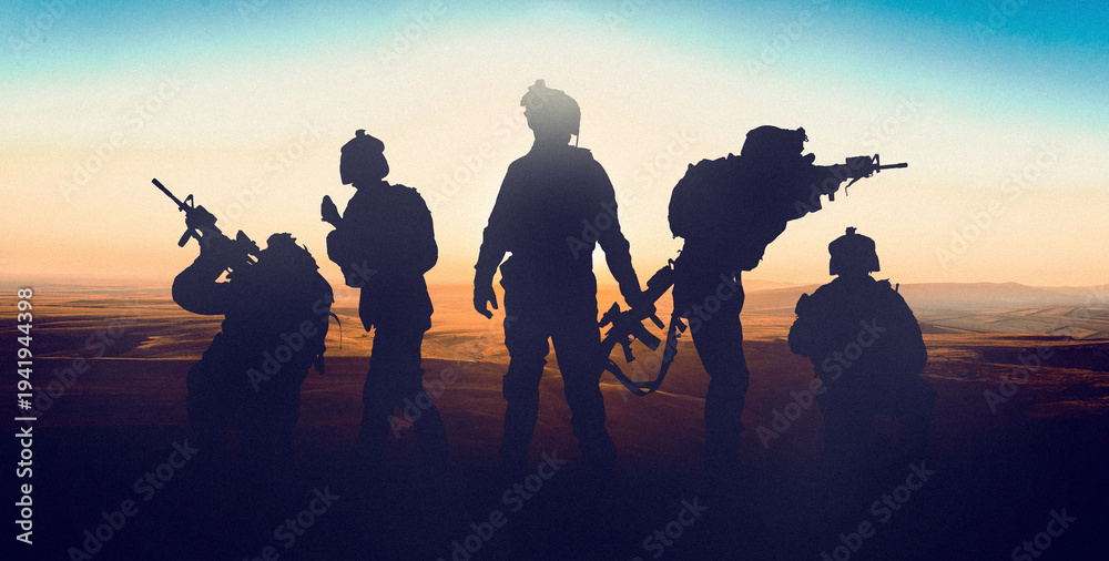 Fototapeta premium Soldiers stand in silhouette during conflict in Iran and USA relations