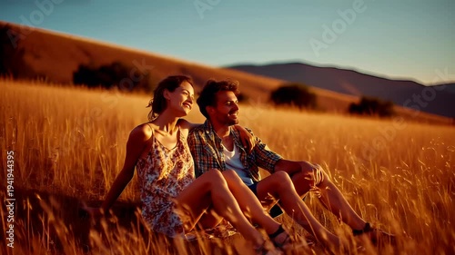 Lovely couple romantic moment. Valentines Day. A man and woman sitting in a field of tall grass at sunset, with the sun casting a golden hue over the landscape. The man, wearing a checkered shirt.