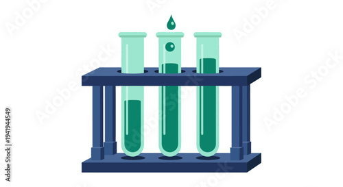 Colorful laboratory glassware in a flat style with test tube rack and droplet