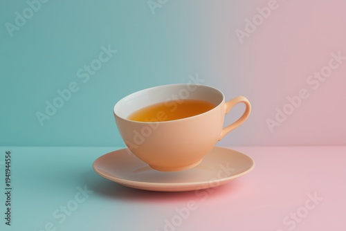Cup of tea on a simple plate against a colorful background in a modern setting with clear lines and soft light
