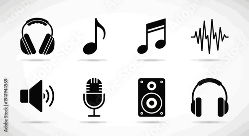 Music icons collection: classic black silhouette set with headphones, notes, and microphone