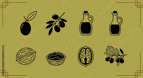 Elegant linear icons of olives and nuts with bottles on olive green background