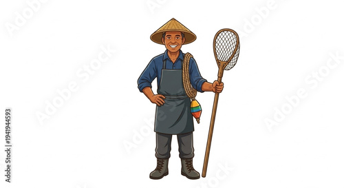 Professional fisherman standing holding fishing net and rope vector illustration