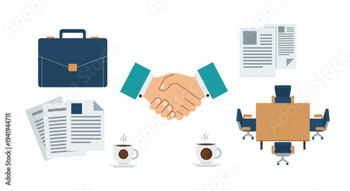 Business collaboration and office essentials with handshake and meeting elements