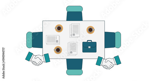 Business collaboration meeting with handshake and documents in flat design