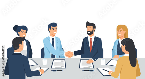 Business meeting collaboration: diverse team shaking hands in office setting