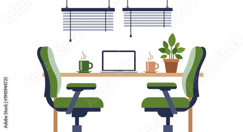 Cozy workspace with minimalist decor and vibrant green office chairs