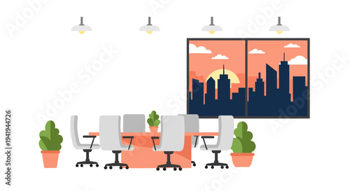 Modern office meeting room with city skyline at sunset