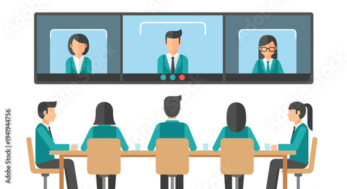 Team meeting concept with video call and group discussion in flat style