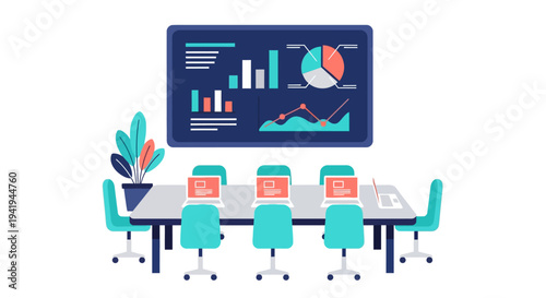 Modern office meeting room with digital presentation screen and laptop setup in flat design