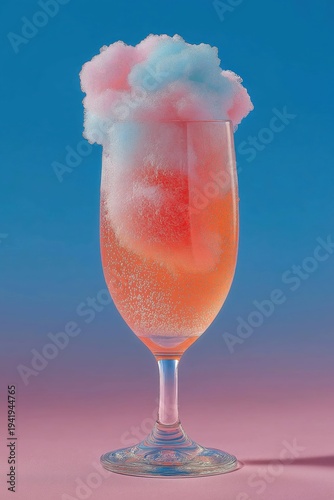 Colorful drink with cotton candy topping in a glass against a blue and pink background during a playful event
