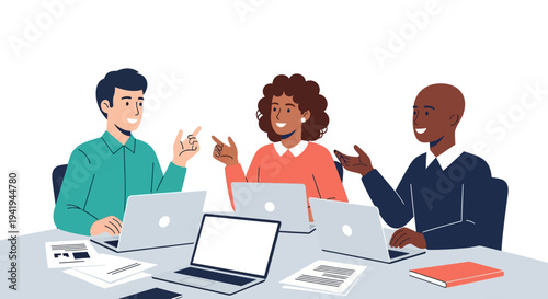 Diverse team collaboration with technology devices in office setting