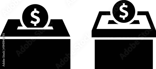 Black and White Donation Box and Savings Icon Set