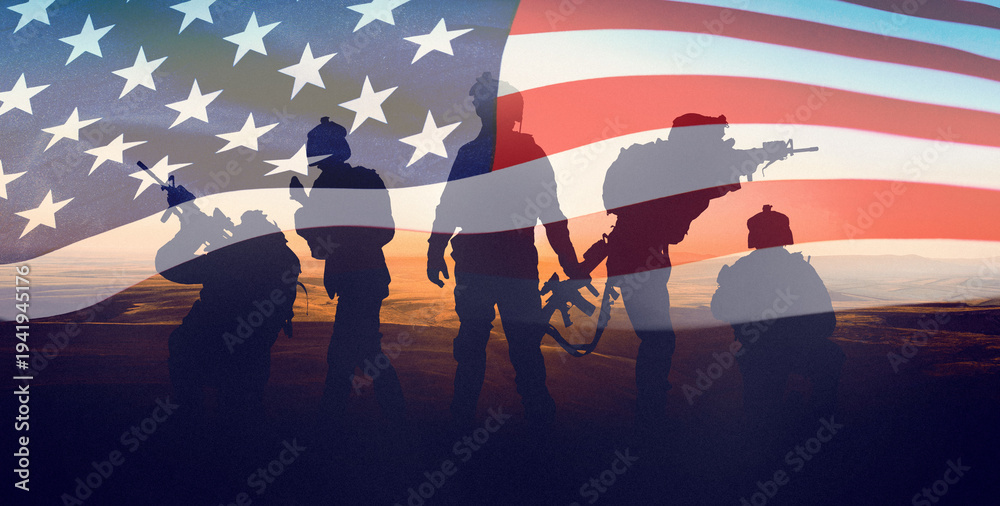Fototapeta premium Conflict between Iran and USA with soldiers standing in front of American flag