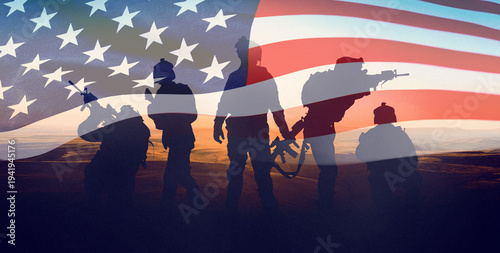 Conflict between Iran and USA with soldiers standing in front of American flag