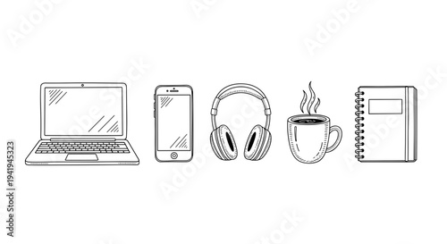 An organized collection of essential modern personal and professional items, including a laptop, smartphone, headphones, a steaming coffee mug, and a spiral notebook, presented as clean line art.