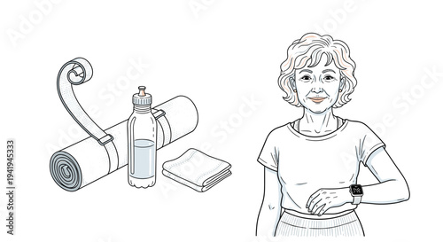 A serene depiction of a woman checking her smartwatch next to a rolled yoga mat, a water bottle, and a small towel, symbolizing a mindful approach to fitness and well-being.