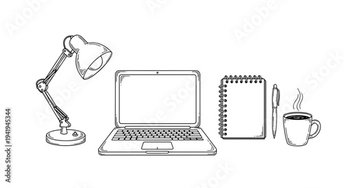 A meticulously organized workspace setup featuring a classic desk lamp, a modern laptop, a spiral notebook, a pen, and a steaming coffee mug, symbolizing productivity and focus.