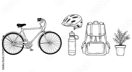 Essential items for a refreshing outdoor bicycle ride and nature appreciation, featuring a bike, safety helmet, water bottle, backpack, and a small potted plant, rendered as clean line art.