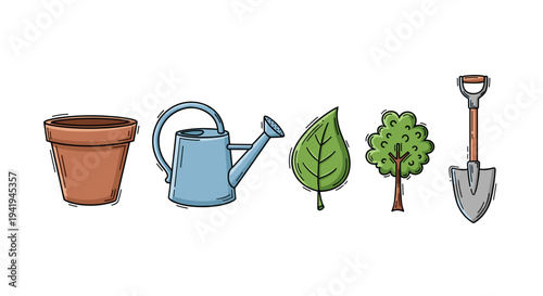 A charming collection of gardening tools and natural elements, including an empty pot, a watering can, a green leaf, a small tree, and a shovel, ready for planting and nurturing.