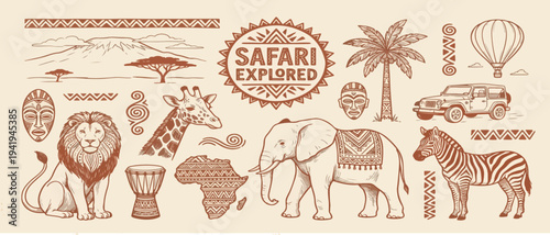 Hand drawn doodle African safari vector illustration set. Savanna animals naive elements like giraffe, zebra, lion, and elephant perfect for summer designs, t-shirts, posters, and travel placard print