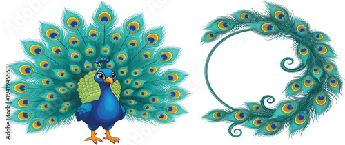Colorful Peacock with Open Tail Feathers and Decorative Peacock Feather Wreath Vector Illustration Set