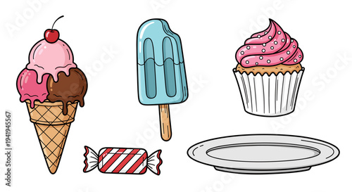 A vibrant collection of colorful hand-drawn sweet treats: an ice cream cone, blue popsicle, pink cupcake, and wrapped candy, with an empty plate.