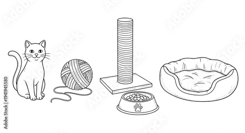 A charming hand-drawn illustration of a cute cat with essential pet accessories: yarn, scratching post, food bowl, and a pet bed.