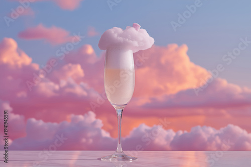 Drink with cloudy top stands on surface against pink and purple sky at sunset
