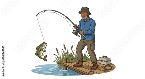 Happy senior man fishing and catching big fish on wooden pier vector illustration