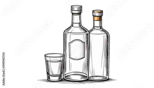 A minimalist line art illustration of two empty bottles and a shot glass on transparent background