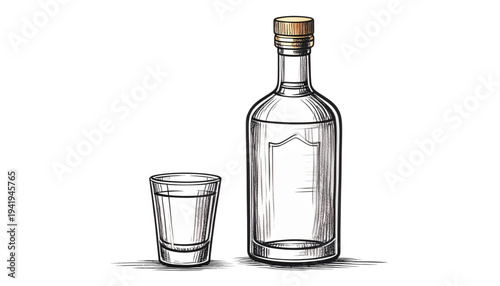 A minimalist line art illustration of a bottle and glass on transparent background