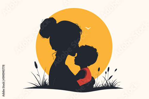 A loving family illustration featuring a mother with her daughter, son, and baby expressing happiness through a heart drawing and a kiss to celebrate the romance of parenthood