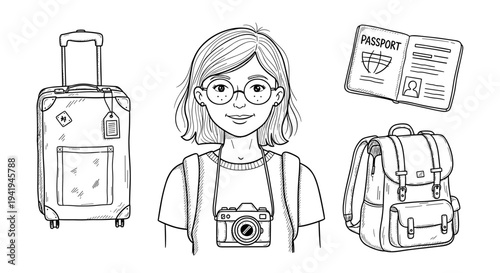 A charming monochrome outline illustration depicting a young female traveler with her suitcase, passport, and backpack, ready for global exploration.