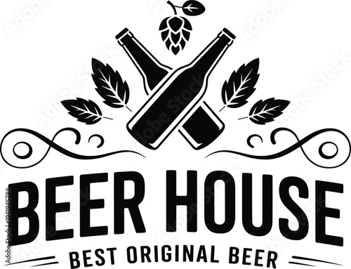 Vintage beer house logo with crossed bottles, hop cone, barley leaves and decorative swirls for brewery pub badge, craft beer branding vector illustration