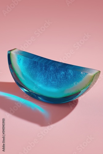 Colorful sculpture of a half watermelon shape on pink background with shadows cast from the light
