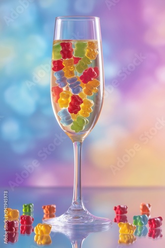 Colorful gummy bears in a clear glass filled with water on a bright background during daytime