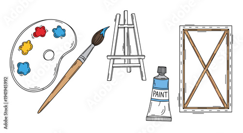 A clean line art collection of classic art materials, featuring a paint palette, paintbrush, easel, and blank canvas for creative projects.
